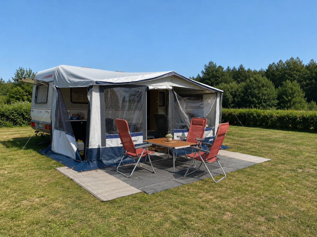 Dethleffs Rondo Wohnwagen Rondetta mit Vorzelt auf dem Campingplatz